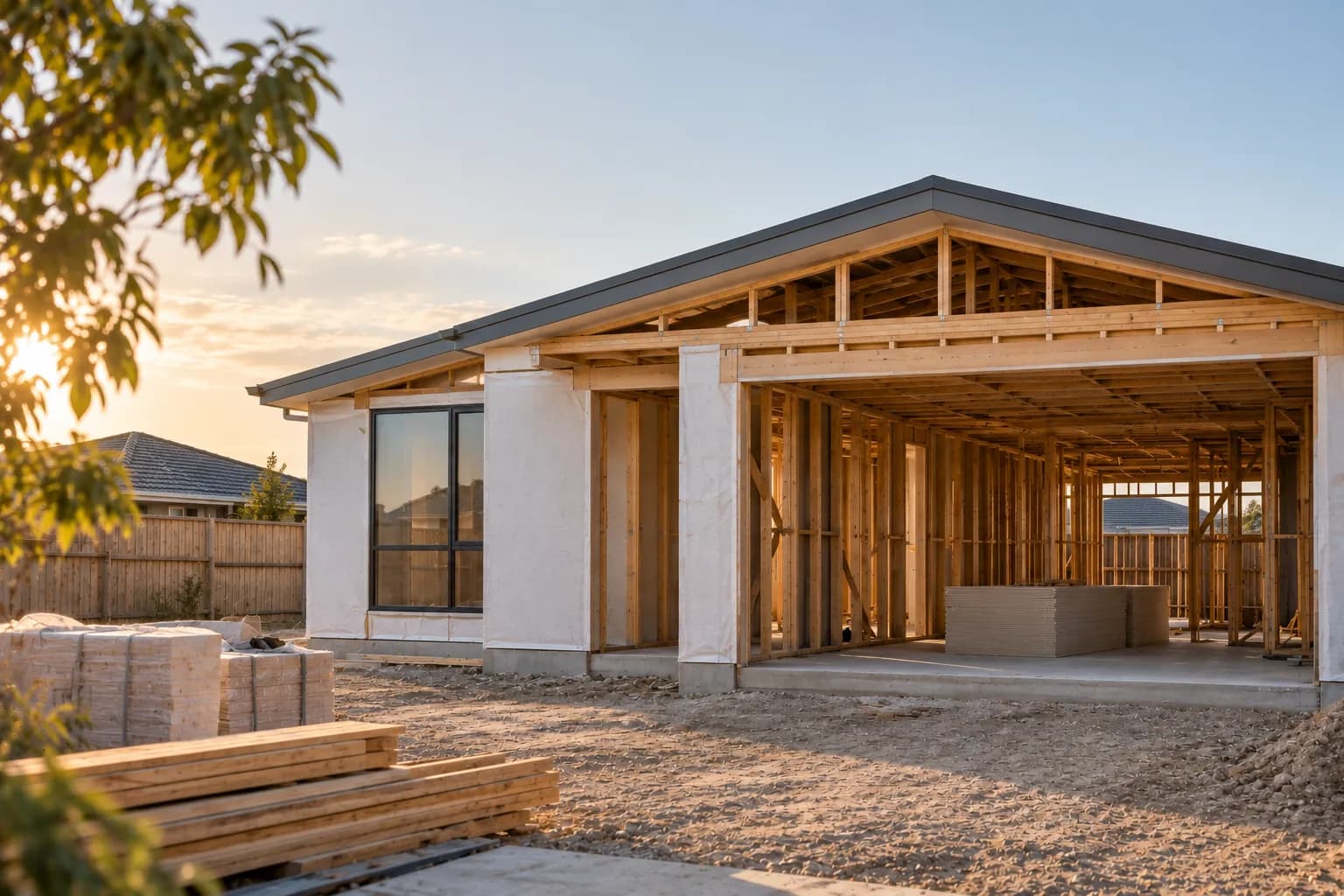 New residential property under construction at sunset