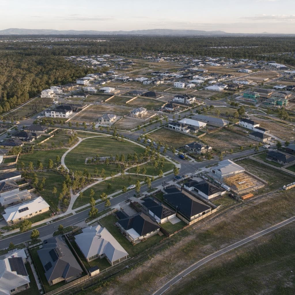Aerial view of a newly developed Australian suburb with homes, parkland and active construction